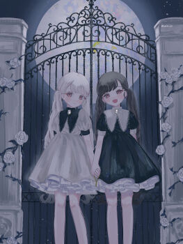 2girls :d arm_behind_back black_hair blush brooch brown_eyes closed_mouth commentary_request curusucururi feet_out_of_frame flower frilled_shirt_collar frills full_moon gate gothic_lolita highres holding holding_hands holding_key jewelry key keyring lolita_fashion long_hair looking_at_viewer moon moonlight multiple_girls night night_sky open_mouth original outdoors parted_bangs petticoat plant puffy_short_sleeves puffy_sleeves puritan_collar rose short_sleeves sky smile standing swept_bangs twintails vines white_flower white_hair white_rose
