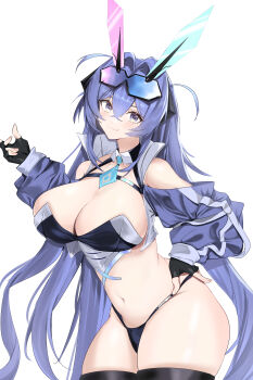 1girl :3 absurdres azur_lane bikini blue_eyes blue_hair blue_panties blue_shrug breasts cleavage clothing_cutout crossed_bangs fingerless_gloves gloves highres large_breasts long_hair looking_at_viewer navel necktie new_jersey_(azur_lane) new_jersey_(black_blur_prelude)_(azur_lane) official_alternate_costume panties qishier_shi_ya_tuo race_queen short_necktie shoulder_cutout shrug_(clothing) smile solo swimsuit underwear white_background