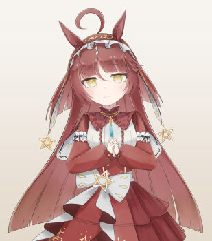 1girl absurdres ahoge animal_ears blunt_bangs blunt_ends blunt_sidelocks blush brown_headdress closed_mouth dress ear_tag frilled_hairband frills hair_between_eyes hairband highres horse_ears horse_girl horse_tail long_hair long_sleeves looking_at_viewer own_hands_clasped own_hands_together re1m1 red_desire_(umamusume) red_dress red_hair red_hairband red_headdress sidelocks simple_background smile solo star_ornament tail umamusume yellow_eyes