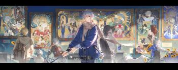 6+boys aged_down aglaea_(honkai:_star_rail) alternate_costume anaxa_(honkai:_star_rail) animal animal_ears antenna_hair artist_name back backpack bag belt black_bag black_belt black_border black_choker black_hoodie black_jacket black_pants black_vest blonde_hair blue_bag blue_bow blue_flower blue_jacket blue_scarf border bow calpi15 castorice_(honkai:_star_rail) cerydra_(honkai:_star_rail) charm_(object) child choker cipher_(honkai:_star_rail) closed_eyes closed_mouth commentary cyrene_(honkai:_star_rail) dan_heng_(honkai:_star_rail) dan_heng_(permansor_terrae)_(honkai:_star_rail) dawnmaker_(honkai:_star_rail) dog dog_ears english_commentary evernight_(honkai:_star_rail) flame_reaver_of_the_deepest_dark flower grey_hair grey_hoodie grey_scarf grey_sweater hair_between_eyes highres holding holding_animal holding_umbrella honkai:_star_rail honkai_(series) hood hoodie hyacine_(honkai:_star_rail) hysilens_(honkai:_star_rail) indoors jacket long_sleeves looking_at_viewer male_focus march_7th_(honkai:_star_rail) multiple_boys multiple_persona mydei_(honkai:_star_rail) official_alternate_costume official_alternate_hair_color open_clothes open_jacket open_mouth painting_(object) pants pet petals phainon_(a_dream_scented_in_wheat)_(honkai:_star_rail) phainon_(honkai:_star_rail) phainon_(khaslana)_(honkai:_star_rail) picture_frame puffy_long_sleeves puffy_sleeves red_bag scarf shirt short_hair smile stelle_(honkai:_star_rail) sunflower sweater thigh_strap trailblazer_(honkai:_star_rail) transparent transparent_umbrella trianne_(honkai:_star_rail) tribbie_(honkai:_star_rail) trinnon_(honkai:_star_rail) turtleneck turtleneck_sweater umbrella vest watermark white_fur white_pants white_shirt white_sweater yellow_flower