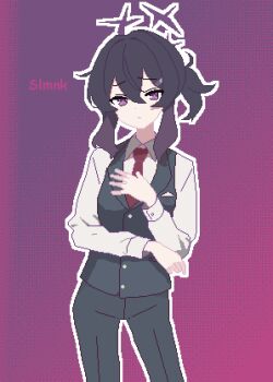 1girl black_pants black_vest blue_archive closed_mouth collared_shirt cowboy_shot double-parted_bangs hair_between_eyes halo hand_on_own_chest haruka_(blue_archive) haruka_(suit)_(blue_archive) hashtag-only_commentary highres long_hair long_sleeves looking_at_viewer necktie official_alternate_costume outline pants pixel_art purple_background purple_eyes purple_hair purple_halo red_necktie shirt slmnk10124 solo vest white_outline white_shirt