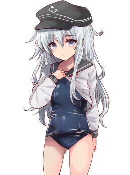 Rule 34 | 1girl, anchor symbol, black one-piece swimsuit, blue sailor collar, blush, breasts, commentary request, covered navel, cowboy shot, flat cap, hair between eyes, hat, hibiki (kancolle), highres, hirune (konekonelkk), kantai collection, long hair, long sleeves, looking at viewer, neckerchief, old school swimsuit, one-piece swimsuit, sailor collar, sailor shirt, school swimsuit, school uniform, serafuku, serasuku, shirt, solo, swimsuit, swimsuit under clothes, white hair
