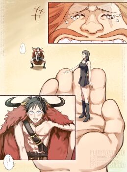 Rule 34 | +++, 1girl, 2024, 2boys, beard, black boots, black hair, blunt bangs, boots, breasts, burn scar, cape, carrying, carrying person, cleavage, commentary request, d e r e l, dress, facial hair, facial scar, fur cape, giant, high heel boots, high heels, highres, jaguar d. saul, laughing, long hair, monkey d. luffy, monkey d. luffy (elbaf), multiple boys, nico robin, nico robin (elbaf), official alternate costume, one piece, orange hair, scar, scar across eye, scar on cheek, scar on chest, scar on face, size difference, tears