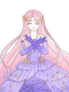 1girl absurdres bare_shoulders chinese_commentary chunpiao closed_eyes closed_mouth collarbone commentary_request cowboy_shot crossed_arms dot_nose dress elbow_gloves expressionless eyelashes frilled_gloves frills gloves hair_ornament highres lipstick long_hair long_sidelocks makeup nikki_(nikki) nikki_(series) pink_hair pink_lips print_dress purple_dress purple_gloves sidelocks simple_background solo star_(symbol) star_hair_ornament star_print star_sea_(nikki) strapless strapless_dress very_long_hair white_background