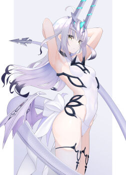 1girl absurdres armpits arms_behind_head arms_up bare_shoulders breasts dragon_horns dragon_tail dragon_wings fate/grand_order fate_(series) forked_eyebrows highres horns jewelry long_hair looking_at_viewer melusine_(fate) melusine_(swimsuit_ruler)_(fate) melusine_(swimsuit_ruler)_(second_ascension)_(fate) one-piece_swimsuit sideless_swimsuit sidelocks small_breasts solo swimsuit tail thighlet thighs white_hair white_one-piece_swimsuit wings yamachi_(xadp7533) yellow_eyes