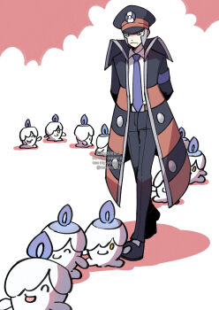 1boy :d ^_^ absurdres belt belt_buckle black_coat black_footwear black_headwear black_pants blouse blue_fire blue_necktie brown_belt buckle closed_eyes closed_mouth coat collared_shirt commentary_request dress_shirt fire gen_5_pokemon grey_eyes grey_hair hat high_collar highres ingo_(pokemon) litwick long_sideburns long_sleeves male_focus mugiccha2 necktie nintendo open_mouth pants peaked_cap pokemon pokemon_(creature) pokemon_bw queue shirt shoes short_hair sideburns smile standing trench_coat twitter_username watermark white_shirt yellow_eyes