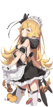 absurdres apron berserker_r bikini blonde_hair bow donut food garter_straps gloves highres long_hair maid maid_apron maid_bikini maid_headdress monogatari_(series) oshino_shinobu swimsuit thighhighs unconventional_maid white_thighhighs yellow_eyes