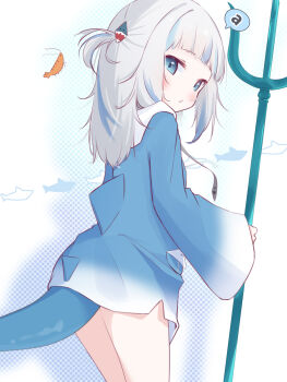 1girl blue_eyes blue_hair capuchi_(111cappuccino) fins fish_tail gawr_gura gawr_gura_(1st_costume) grey_hair hair_ornament highres hololive hood hoodie looking_at_viewer multicolored_hair polearm shark_hair_ornament shark_tail solo streaked_hair tail trident weapon