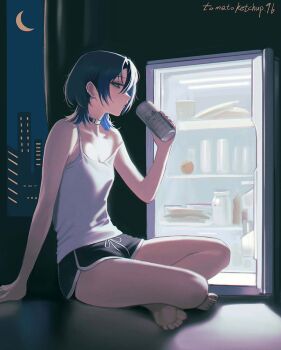 Rule 34 | 1girl, bare shoulders, barefoot, beer can, blue eyes, blue hair, breasts, can, commentary, crescent moon, curtains, drink can, ear ornament, earrings, feet, food, highres, hiodoshi ao, holding, holding can, hololive, hololive dev is, indian style, jewelry, medium hair, moon, nail polish, night, refrigerator, shorts, sitting, small breasts, soles, solo, tank top, tomatoketchup96, virtual youtuber, white tank top