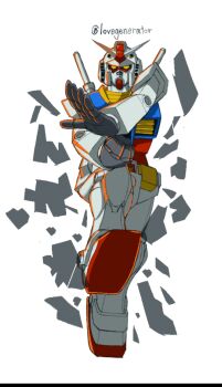 armor artist_name break breaking fighting_stance gundam gundam_gquuuuuux kin-san_(sasuraiga) looking_at_viewer mecha mecha_focus mobile_suit ninja_slayer no_humans purple_eyes robot rx-78-2_gundam science_fiction simple_background spoilers twitter twitter_username v-fin white_background yellow_eyes
