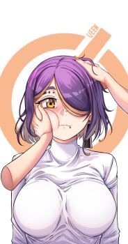 1girl bad_tag blush breasts character_name closed_mouth commentary dilan_griz disembodied_hand earrings english_commentary eyebrow_piercing face_piercing hair_over_one_eye hand_on_another&#039;s_cheek hand_on_another&#039;s_face hand_on_another&#039;s_head highres jewelry large_breasts looking_at_viewer nose_piercing one_eye_covered original parted_bangs piercing purple_hair queen_(dilan_griz) shirt short_hair solo_focus straight-on stroking_hair stud_earrings turtleneck turtleneck_shirt upper_body white_background white_shirt yellow_eyes