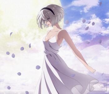 1girl 2b_(nier:automata) absurdres alternate_costume bare_arms bare_shoulders black_hairband blue_eyes blue_sky breasts closed_mouth cloud cloudy_sky commentary dress english_commentary expressionless falling_petals feet_out_of_frame grey_hair hair_between_eyes hairband highres medium_breasts mole mole_under_mouth moon nier:automata nier_(series) petals pleated_dress shirl_geem short_hair sky sleeveless sleeveless_dress solo standing sundress white_dress
