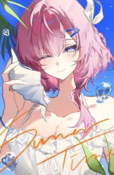 Rule 34 | 1girl, ;), alternate costume, bare shoulders, blue sky, breasts, cleavage, collarbone, commentary, commission, cyrene (philia093) (honkai: star rail), cyrene (honkai: star rail), english commentary, english text, hair ornament, highres, holding seashell, honkai: star rail, honkai (series), looking at viewer, medium breasts, one eye closed, outdoors, pink hair, shirt, short hair, sky, smile, solo, white shirt, yyourong
