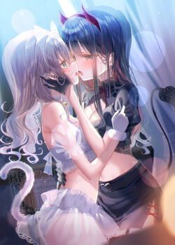 2girls absurdres after_kiss animal_ear_hairband animal_ears black_gloves black_hair black_skirt breasts cat_ear_hairband cat_ears cat_tail cleavage commentary_request crop_top demon_horns demon_tail earrings eye_contact fake_animal_ears fake_tail gloves green_eyes grey_hair hairband halloween hand_on_another&#039;s_face highres horns jewelry large_breasts long_hair looking_at_another multiple_girls original panties pink_eyes saliva saliva_trail see-through_clothes see-through_skirt shirt skirt tail touki_matsuri underwear white_gloves white_panties white_shirt yuri
