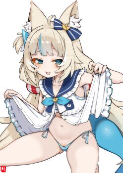 1girl absurdres animal_ear_fluff animal_ears armpits bikini blonde_hair blue_bikini blue_bow blue_eyes blue_sailor_collar blue_streaks bow cameltoe cat_ears clothes_lift collarbone commentary dress dress_lift fins fish_girl fish_tail frilled_dress frilled_sailor_collar frills hair_bow highres indie_virtual_youtuber johnny_(braun-kan_cafe) lifebuoy_hair_ornament loli long_hair looking_at_viewer low_twintails multicolored_hair navel one_side_up open_clothes open_dress open_mouth revision sailor_collar sameko_saba side-tie_bikini_bottom simple_background solo streaked_hair striped_bikini striped_clothes swimsuit tail twintails virtual_youtuber white_background white_dress