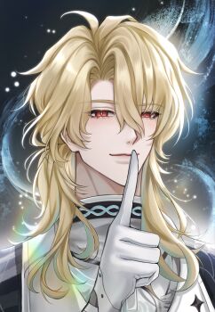 1boy blonde_hair closed_mouth commentary finger_to_mouth gloves hair_between_eyes hand_up highres index_finger_raised long_hair looking_at_viewer luuk_herssen_(wuthering_waves) male_focus multicolored_hair myujix portrait red_eyes shushing smile solo streaked_hair symbol-only_commentary white_gloves wuthering_waves