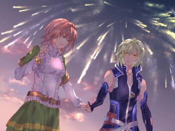 Rule 34 | 1boy, 1girl, ao no kiseki, ascot, belt, blue vest, couple, eiyuu densetsu, fireworks, green ascot, green hair, green skirt, holding hands, medallion, noel seeker, orange hair, skirt, smile, vest, wazy hemisphere, yellow eyes, yingkongji1, zero no kiseki