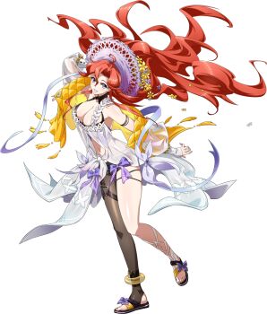 1girl ahoge ankle_ring anklet arm_behind_head bare_shoulders black_pantyhose black_sandals black_shorts breasts cape celica_(langrisser) cleavage cleavage_cutout clothing_cutout collar curtained_hair floating floating_clothes floating_hair floral_print flower full_body game_cg gold_anklet grin hair_flower hair_ornament halterneck hat hat_flower highres jacket jewelry langrisser langrisser_mobile large_breasts leg_up legs long_hair long_sidelocks looking_at_viewer nail_polish navel o-ring o-ring_thigh_strap official_alternate_costume official_art open_clothes open_jacket open_mouth pantyhose parted_bangs purple_eyes purple_flower purple_hat purple_ribbon red_hair ribbon sandals second-party_source see-through_cape see-through_clothes see-through_shirt see-through_sleeves shirt short_shorts shorts sidelocks simple_background single_leg_pantyhose smile solo standing standing_on_one_leg stomach straw_hat sun_hat tachi-e thigh_strap toenail_polish toenails toes transparent_background very_long_hair waist_cape waist_ribbon white_shirt yellow_flower yellow_jacket