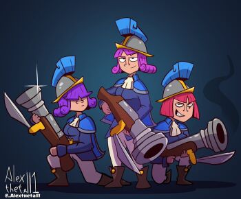 3girls alexthetall1 artist_name blue_cape blue_jacket boots brown_boots cape clash_royale grin gun hair_over_eyes helmet holding holding_gun holding_weapon jacket multiple_girls musket musketeer_(clash_royale) on_one_knee pants pink_hair purple_hair smile three_musketeers_(clash_royale) toon_(style) weapon white_pants