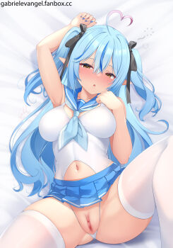 1girl absurdres ahoge arm_up armpits artist_name blue_hair blush breasts censored commentary crotchless drunk elf fanbox_username gabriel_evangel heart heart_ahoge highres hololive large_breasts leg_up leotard long_hair looking_at_viewer lying multicolored_hair navel on_back on_bed pointy_ears ribbon sailor_collar school_uniform serafuku simple_background spread_legs streaked_hair swimsuit thighhighs virtual_youtuber watermark web_address white_thighhighs yellow_eyes yukihana_lamy