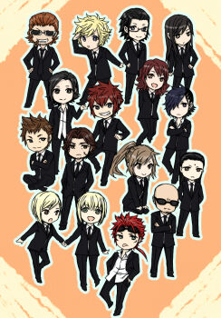 6+boys 6+girls arm_up arms_behind_back bald beard before_crisis:_final_fantasy_vii bindi black_eyes black_neckwear black_pants black_suit blonde_hair blue_eyes brown_eyes brown_hair cigar cissnei clenched_teeth crossed_arms earrings elena_(ff7) facial_hair final_fantasy final_fantasy_vii formal_clothes frown glasses goggles goggles_on_head green_eyes gun_(female) hand_on_own_hip hand_up hands_in_pockets hands_on_own_hips jewelry katana_(male) knife_(female) legend_(male) long_hair looking_at_another looking_at_viewer looking_to_the_side martial_arts_(female) martial_arts_(male) momota_(monakapain) multiple_boys multiple_earrings multiple_girls mustache necktie nunchaku_(male) pants parted_lips partially_unbuttoned ponytail red_hair reno_(ff7) rod_(male) rude_(ff7) scar scar_on_face shirt short_hair shotgun_(female) sitting smile spiked_hair square_enix standing suit sunglasses teeth tseng turks_(ff7) two_guns_(male) verdot white_shirt
