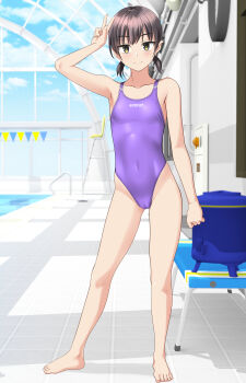 1girl absurdres barefoot breasts brown_hair chair clothes_writing collarbone commentary_request competition_swimsuit covered_navel full_body green_eyes highleg highleg_one-piece_swimsuit highres indoors lifeguard_chair looking_at_viewer low_twintails one-piece_swimsuit original pool_ladder poolside purple_one-piece_swimsuit short_hair small_breasts solo standing string_of_flags swimsuit takafumi twintails v variant_set