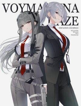 2girls absurdres ak-15_(erwin)_(girls&#039;_frontline) ak-15_(girls&#039;_frontline) black_survival business_suit english_text eternal_return:_black_survival formal_clothes girls&#039;_frontline girls&#039;_frontline_2:_exilium grey_eyes grey_hair haze_(black_survival) highres multiple_girls necktie official_alternate_costume pinpinkungya purple_eyes red_necktie suit voymastina_(girls&#039;_frontline_2)