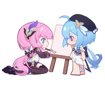 Rule 34 | 2girls, ahoge, bare legs, barefoot, beret, black shorts, blue eyes, blue hair, canvas (object), cape, chibi, chibi only, dress, elf, elysia (honkai impact), elysia (miss pink elf) (honkai impact), griseo, griseo (starry impression), hair ornament, hat, highres, holding, holding brush, honkai (series), honkai impact 3rd, long hair, looking at another, multiple girls, nizi w, pink hair, pointy ears, purple eyes, seiza, shorts, sitting, white background, white dress