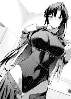 1girl absurdres black_hair black_skirt blush breasts commentary_request gluteal_fold greyscale highleg highleg_leotard highres hiiragi_yuuichi large_breasts leotard long_sleeves looking_at_viewer monochrome open_clothes open_shirt original parted_bangs pleated_skirt ponytail purple_eyes ribbed_leotard shirt skirt solo undressing