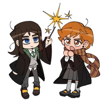 1boy 1girl abaddon_(haunted_hotel) blue_eyes brown_hair chibi commentary english_commentary esther_freeling gryffindor harry_potter_(series) haunted_hotel highres hogwarts_school_uniform holding holding_wand insidej043 long_hair magic orange_eyes orange_hair scarf school_uniform short_hair simple_background skirt slit_pupils slytherin standing wand white_background wizarding_world