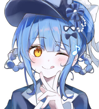 1girl :q bird_hat_ornament blue_hair braid braided_hair_rings closed_mouth commentary_request deerstalker eighth_note hair_rings hat highres looking_at_viewer magical_girl mahou_shoujo_no_majo_saiban musical_note one_eye_closed short_hair shyaruru simple_background solo tachibana_sherry tongue tongue_out upper_body white_background yellow_eyes