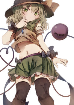 1girl black_hat black_thighhighs blush commentary_request green_eyes green_hair green_shorts green_skirt hat hat_ribbon heart heart_of_string highres komeiji_koishi looking_at_viewer midriff natsume_suzuri navel ribbon shirt short_hair short_sleeves shorts simple_background skirt solo thighhighs third_eye touhou white_background yellow_ribbon yellow_shirt