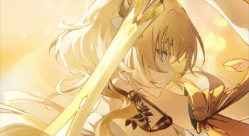 Rule 34 | 1girl, absurdres, aglaea (honkai: star rail), arm up, blonde hair, closed mouth, commentary, from side, green eyes, highres, holding, holding sword, holding weapon, honkai: star rail, honkai (series), looking at viewer, portrait, short hair, solo, sword, totomong, weapon, yellow theme