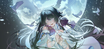 1girl absurdres ai_xiao_meng bare_shoulders bird black_hair blunt_bangs choker closed_eyes collarbone columbina_(genshin_impact) commentary dove dress english_commentary facing_viewer feathered_wings genshin_impact gradient_hair hair_between_eyes hair_ribbon half-closed_eyes head_wings highres leg_ribbon long_hair long_sleeves multicolored_hair multiple_wings night open_mouth pink_hair ribbon sidelocks sky sleeveless sleeveless_dress star_(sky) starry_sky very_long_hair white_bird white_choker white_dress white_ribbon white_wings wings