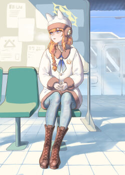 1girl absurdres alternate_costume animal_ear_headwear blue_archive blue_eyes blue_neckerchief boots braid brown_boots cat_girl chojja denim fake_animal_ears fur_trim hat highres jacket jeans long_hair mari_(blue_archive) neckerchief orange_hair own_hands_together pants sidelocks single_braid sitting solo breath train train_station very_long_hair white_hat white_jacket