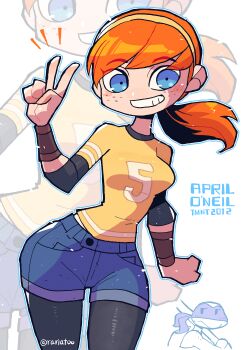 Rule 34 | 1boy, 1girl, absurdres, april o'neil, black pantyhose, blue eyes, breasts, character name, denim, denim shorts, donatello (tmnt), freckles, grin, highres, looking at viewer, mask, medium breasts, orange hair, pantyhose, projected inset, rariatto (ganguri), shirt, shorts, smile, standing, swept bangs, teenage mutant ninja turtles, teenage mutant ninja turtles (2012), v, wristband, yellow shirt