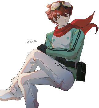 1boy absurdres belt black_gloves brown_hair crossed_legs digimon digimon_story:_time_stranger gloves goggles goggles_on_head green_eyes green_jacket highres invisible_chair jacket male_focus multicolored_jacket ninyunyan pants red_scarf scarf simple_background sitting solo two-tone_jacket white_background white_jacket white_pants yuuki_dan