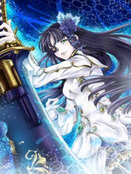 1girl akusar black_hair blue_flower blue_rose breasts eyepatch flower green_eyes hair_flower hair_ornament holding holding_sword holding_weapon long_hair looking_ahead nagisa_(phantasy_star) one_eye_covered phantasy_star phantasy_star_portable_2 rose small_breasts solo sword weapon