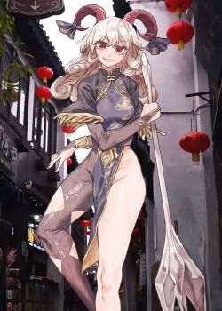 1girl alternate_costume alternate_hair_length alternate_hairstyle bare_shoulders black_capelet blue_dress breasts capelet china_dress chinese_clothes dress fork giant_fork grin holding holding_fork legs long_sleeves looking_at_viewer medium_breasts no_panties photo_background red_eyes senmura smile solo teeth touhou toutetsu_yuuma wavy_hair white_hair