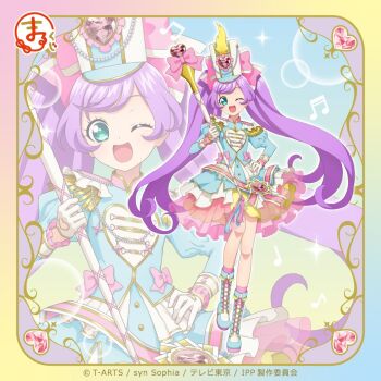 1girl ;d ahoge band_uniform blue_boots blue_hat blue_jacket blue_skirt boots border bow commentary_request epaulettes full_body gloves hand_on_own_hip hat hat_bow jacket layered_skirt long_hair looking_at_viewer manaka_laala musical_note official_art one_eye_closed open_mouth pink_bow pretty_series pripara purple_hair second-party_source shako_cap skirt smile standing standing_on_one_leg twintails very_long_hair white_gloves zoom_layer