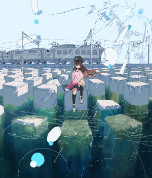 1girl absurdres airfish_(lefko_d) black_socks blue_sky brown_hair dress heterochromia highres light_rays long_sleeves looking_at_viewer ocean original outdoors power_lines short_hair sitting sitting_on_object sky socks solo sunbeam sunlight train water white_dress white_socks wide_shot