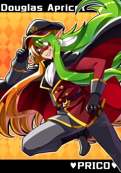 1boy ascot belt black_gloves black_hat character_name commentary_request douglas_apricot gloves green_hair grey_pants hand_up hat highres male_focus mask multicolored_hair pants pixiv_fantasia pixiv_fantasia_last_saga pointy_ears sharp_teeth tanpopo_hayabusa-maru teeth two-tone_hair white_ascot yellow_background