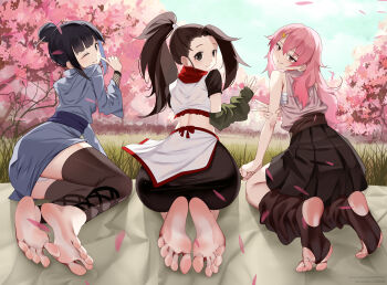 3girls absurdres barefoot benisumomo black_eyes black_hair blonde_hair brown_hair cherry_blossoms feet hair_bun highres ninja kunoichi_tsubaki_no_mune_no_uchi long_hair looking_at_viewer mokuren_(kunoichi_tsubaki_no_mune_no_uchi) multiple_girls one_eye_closed pink_eyes pink_hair ponytail senyahiro smile soles stirrup_footwear toes tsubaki_(kunoichi_tsubaki_no_mune_no_uchi) wink