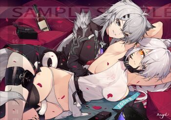 2girls absurdres animal_ears arknights armpits arms_up bag black_gloves black_jacket black_thighhighs bottle breasts cat_tail closed_mouth commentary fox_ears gloves grabbing_another&#039;s_breast grey_eyes grey_hair groping hand_on_another&#039;s_face handbag heterochromia highres jacket lappland_(arknights) large_breasts lc_angel long_hair material_growth multiple_girls nipple_stimulation nipple_tweak orange_eyes original oripathy_lesion_(arknights) panties shirt single_thighhigh smile tail thigh_strap thighhighs underwear watermark white_panties white_shirt wine_bottle wolf_ears wolf_girl wolf_tail yuri