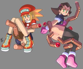 2girls anal anal_fluid anal_object_insertion anus arms_behind_back artist_collaboration artist_name ass bike_shorts bike_shorts_pull black_pantyhose blonde_hair blue_jacket blush bound bound_wrists breasts brown_gloves brown_hair newsboy_cap cleft_of_venus clenched_hands clenched_teeth clothes_pull cropped_jacket earrings female_focus female_masturbation flat_chest full_body gloves glowing green_eyes grey_background hairband half-closed_eye hat jacket jaggy_lines jewelry knees_together_feet_apart knees_up looking_back looking_down lying masturbation medium_breasts medium_hair mega_man_(series) mega_man_legends_(series) multiple_girls noill nose_blush object_insertion on_side open_clothes open_jacket open_mouth own_hands_together pantyhose pantyhose_pull platform_footwear platform_heels puffy_short_sleeves puffy_sleeves purple_footwear purple_gloves purple_hairband purple_shirt pussy red_footwear red_headwear red_shirt rockthebull roll_caskett_(mega_man) shirt shoes short_sleeves signature simple_background sitting spiked_hair teeth tongue tron_bonne_(mega_man) uneven_eyes v-shaped_eyebrows watermark