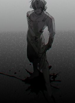 Rule 34 | 1boy, absurdres, alternate costume, amputee, apron, apron pocket, beard stubble, blood, blood on clothes, blood on face, blood on ground, blood on hands, blood splatter, blood stain, bloody weapon, boots, chromatic aberration, cigarette, cleaver, dark, dirty, dripping, elbow gloves, evil smile, facial hair, floor, from above, full body, glasses, gloves, glowing, glowing eye, gradient background, gregor (project moon), grey background, greyscale, hair between eyes, hair bun, hair intakes, hair over one eye, highres, holding, holding cleaver, holding knife, holding weapon, horror (theme), joints, kitchen knife, knife, limbus company, limited palette, long hair, long sleeves, looking down, low ponytail, male focus, mechanical arms, monochrome, mouth hold, official alternate costume, pants, paramecium nmi, parted bangs, parted lips, photoshop (medium), ponytail, project moon, prosthesis, prosthetic arm, r.b. (identity) (project moon), red theme, semi-rimless eyewear, shadow, shirt, simple background, single mechanical arm, smile, smirk, smoking, solo, spot color, standing, stubble, sweater, teeth, turtleneck, turtleneck sweater, under-rim eyewear, weapon