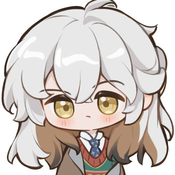 Rule 34 | 1other, :/, ahoge, ai chi guobaoyou, blue necktie, blush, brown hair, brown jacket, chibi, collared shirt, colored inner hair, green vest, highres, jacket, looking at viewer, medicine pocket, medicine pocket (the cosmos photographer), medium hair, multicolored hair, necktie, official alternate costume, reverse:1999, shirt, solo, sweater vest, upper body, vest, white background, white hair, white shirt, yellow eyes