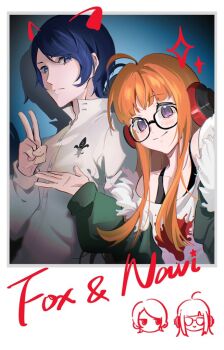 1boy 1girl ahoge black-framed_eyewear black_tank_top blue_eyes blue_hair blunt_bangs character_name chibi chibi_inset closed_mouth commentary commentary_request drawn_ears dress_shirt four-pointed_star fur-trimmed_jacket fur_trim glasses green_jacket hand_up hashtag-only_commentary headphones jacket jacket_partially_removed kitagawa_yuusuke kosei_high_school_uniform long_hair long_sleeves looking_at_viewer off-shoulder_shirt off_shoulder open_hand orange_hair parted_bangs persona persona_5 polaroid_photo print_shirt purple_eyes qianyewuli sakura_futaba school_uniform shadow shirt short_hair sidelocks smile symbol-only_commentary tank_top upper_body v white_shirt