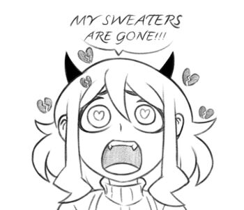 1girl broken_heart demon_horns english_text graphicthereal greyscale hair_between_eyes heart heart-shaped_pupils helltaker horns modeus_(helltaker) monochrome portrait simple_background solo speech_bubble sweater symbol-shaped_pupils white_background