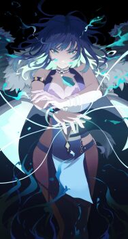 1girl aqua_eyes blue_dress blue_hair breasts brown_pantyhose choppy_bangs cleavage closed_mouth commentary commentary_request cowboy_shot dress energy english_commentary genshin_impact highres large_breasts looking_at_viewer medium_hair mixed-language_commentary mole mole_on_breast oro_(lsg0624) pantyhose sleeveless sleeveless_dress smile solo yelan_(genshin_impact)